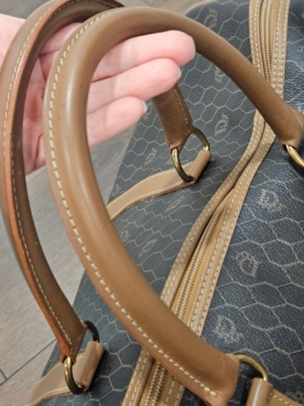 CHRISTIAN DIOR Vintage Honeycomb Boston Duffel Bag Navy Tan Leather Italy - Picture 10 of 14